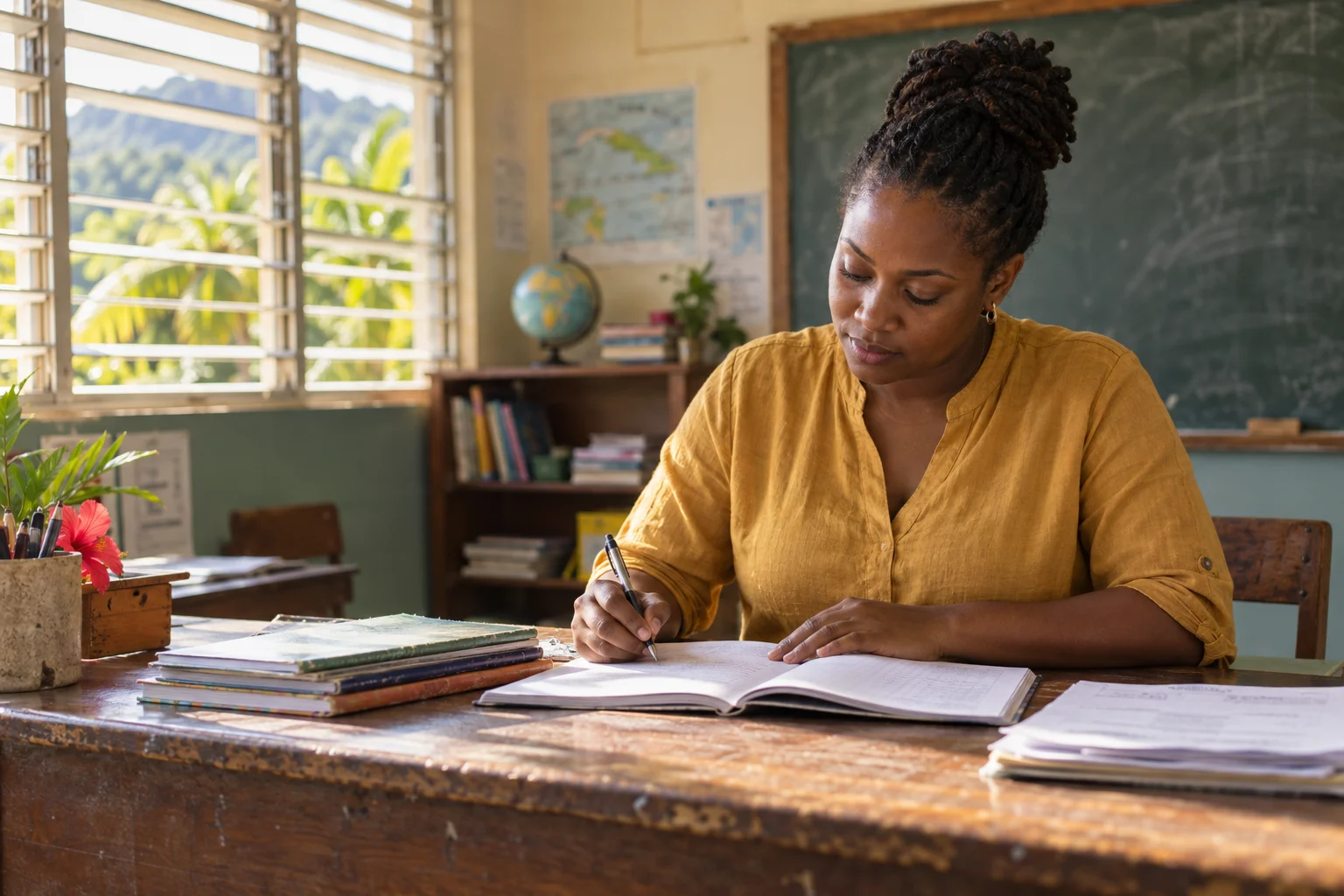 A teacher writing in her notebook at a sunlit classroom desk.